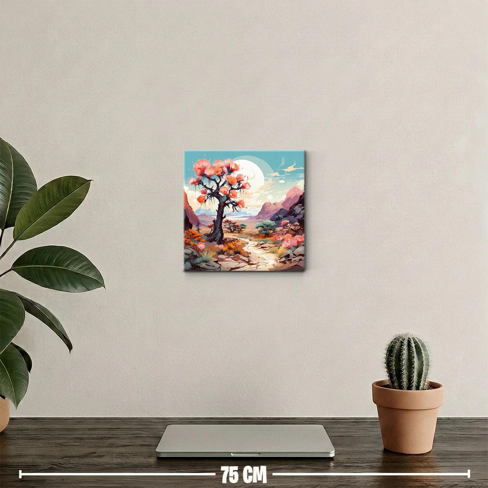 Paisaje onírico con árbol de flores coral en valle montañoso — miniatura 2