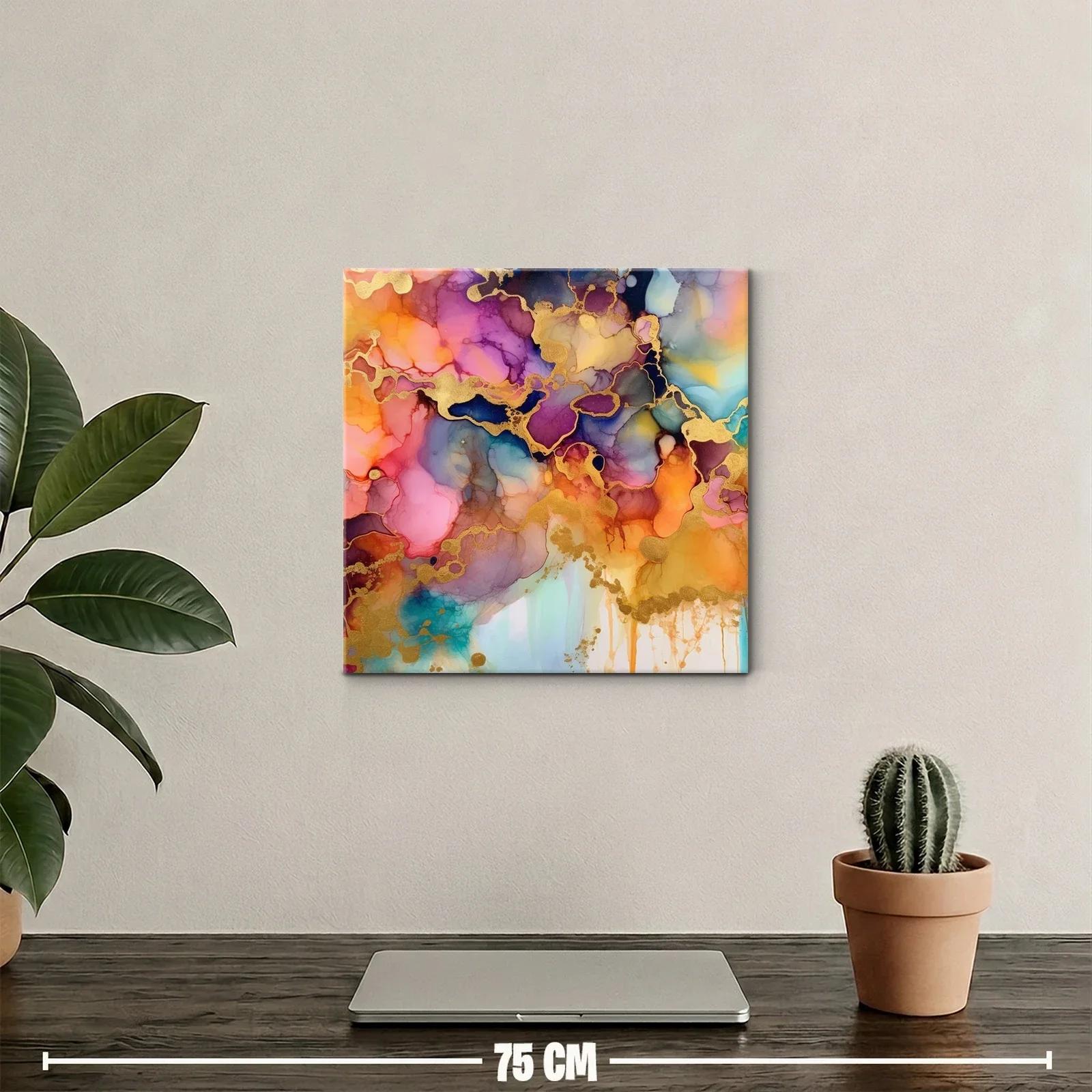 Cuadro abstracto tonos vivos dorados y azul profundo — miniatura 2