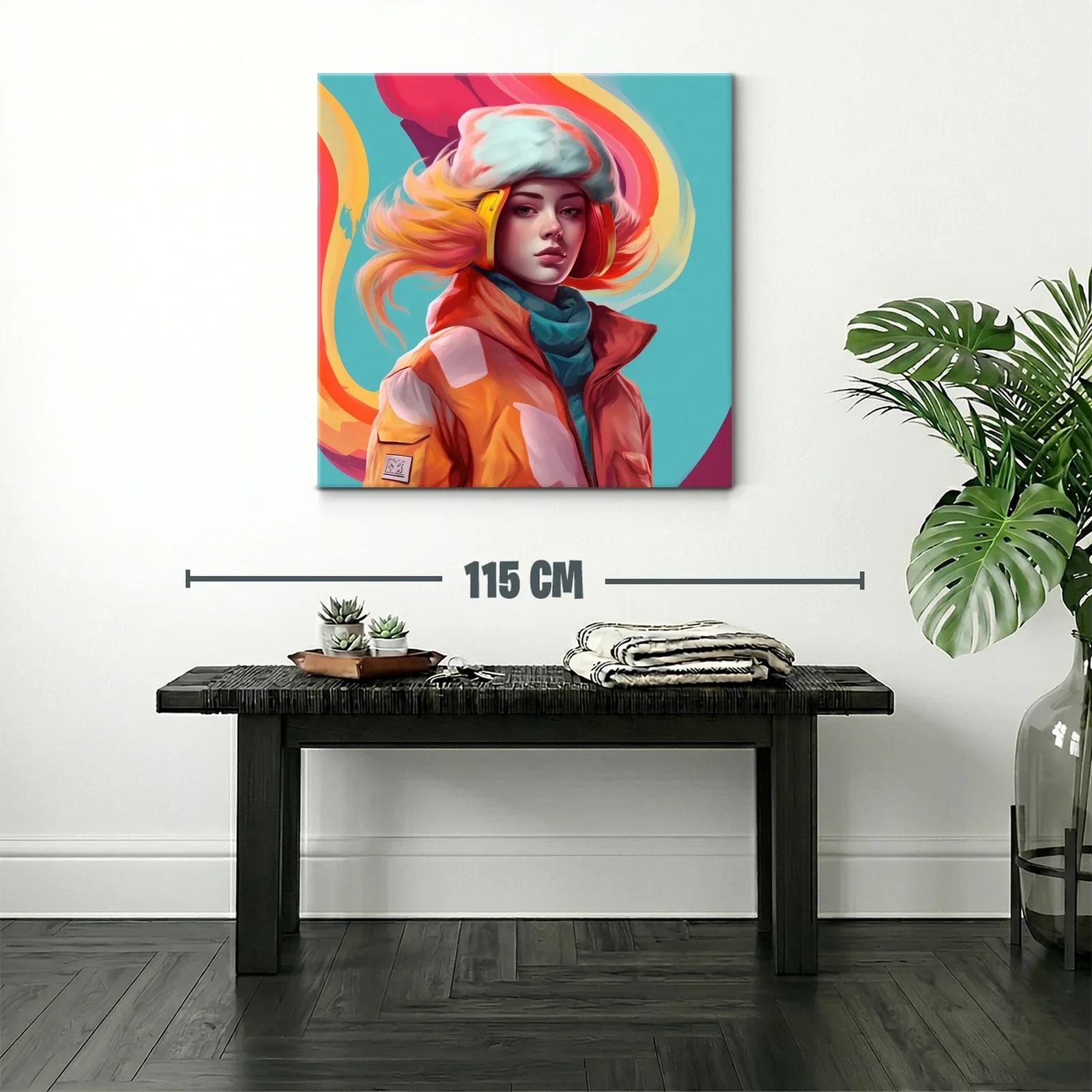 Retrato vibrante de mujer con auriculares y abrigo naranja — miniatura 2