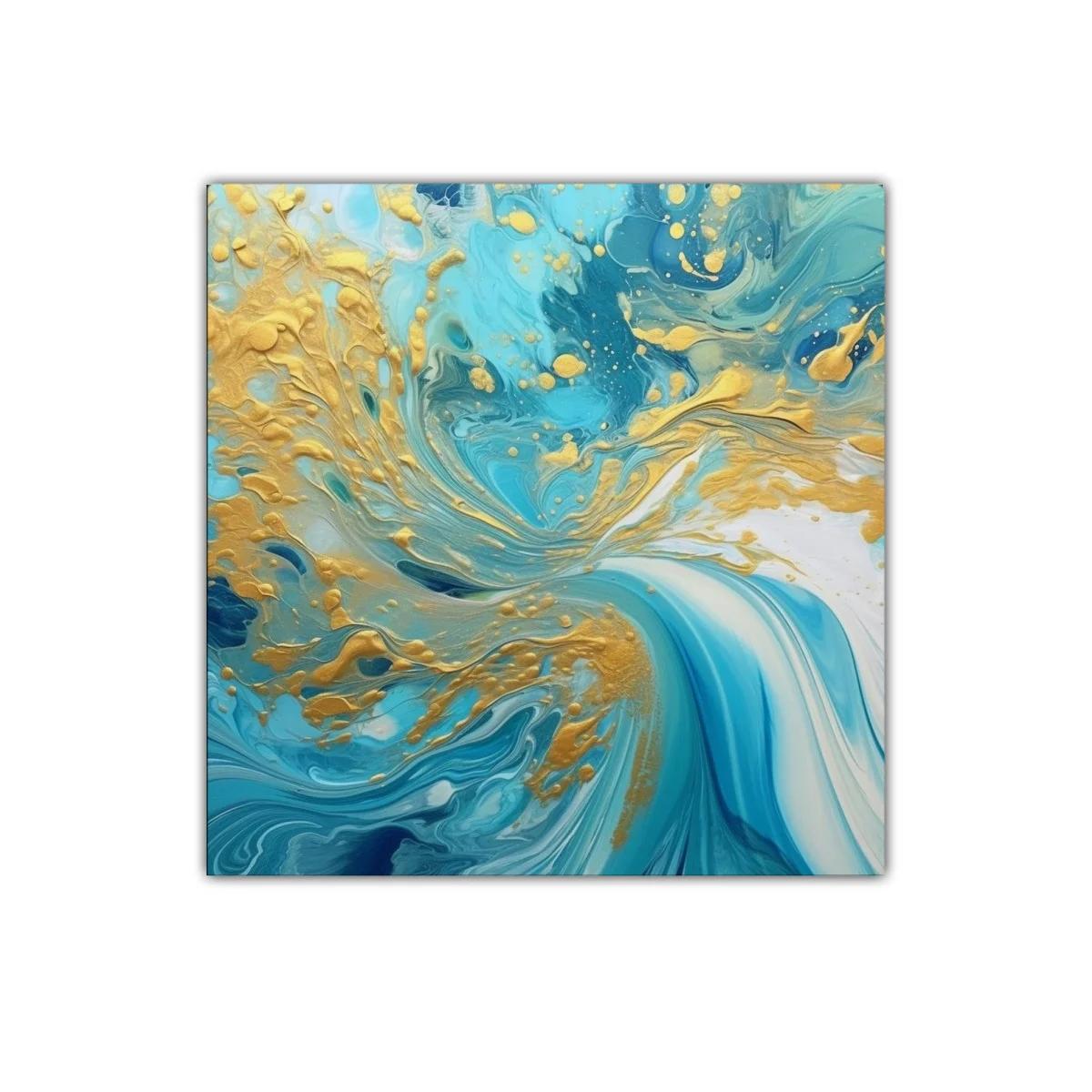 Cuadro abstracto con remolinos en azul y dorado elegante