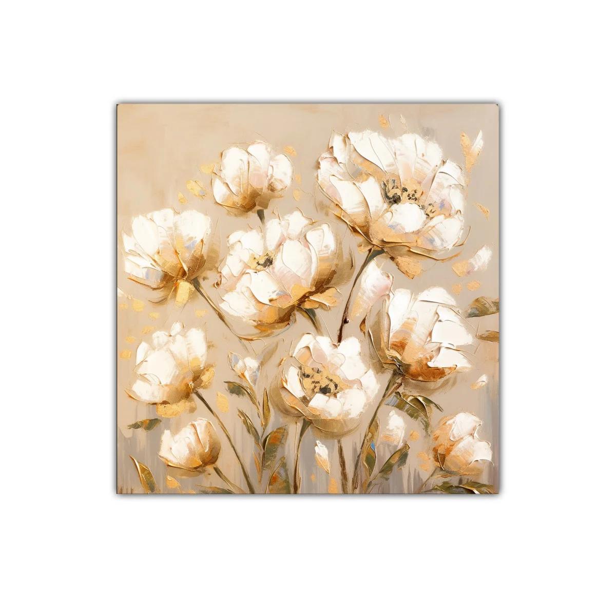 Cuadro decorativo con flores blancas y doradas en tonos cálidos — imagen principal