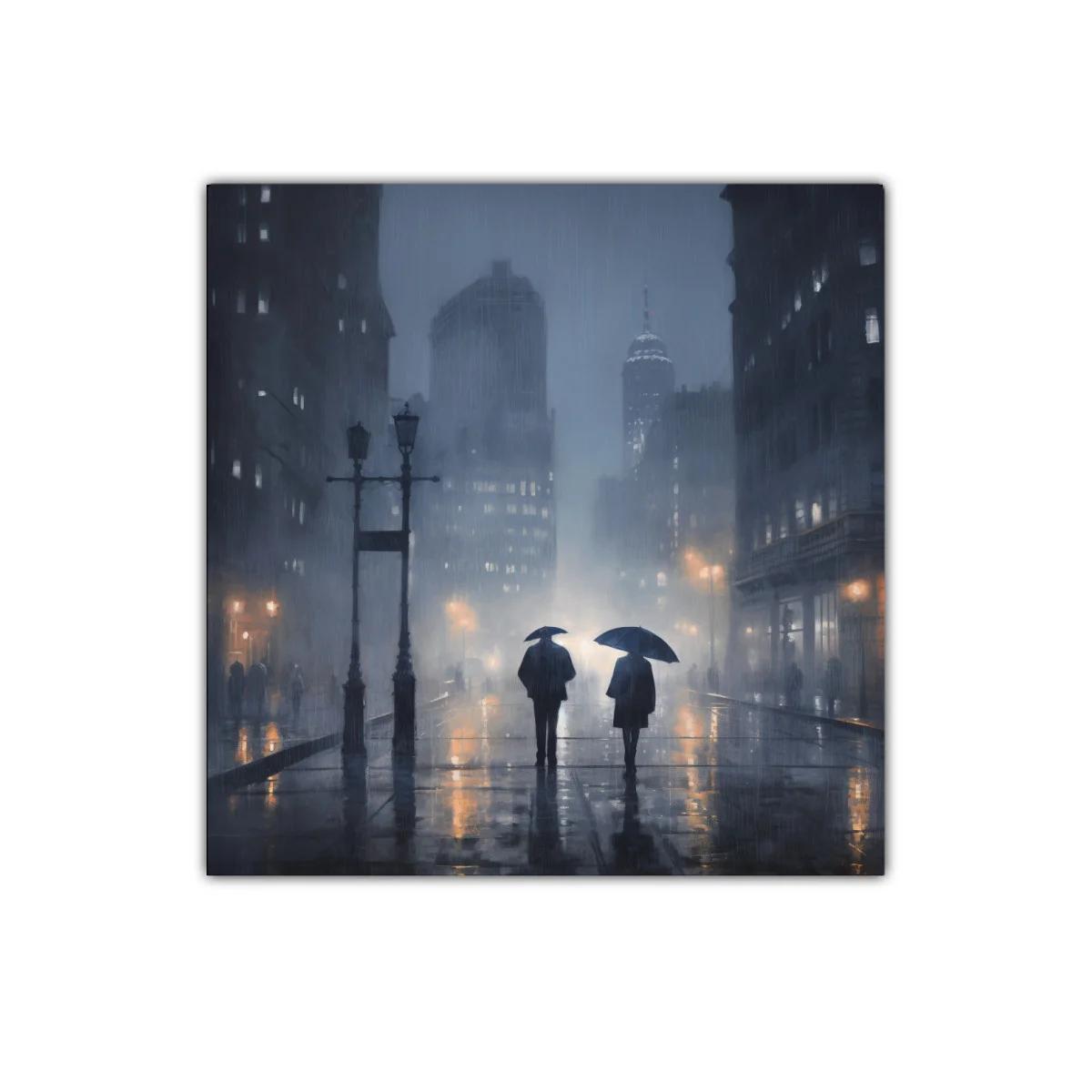 Escena urbana nocturna bajo la lluvia con dos figuras