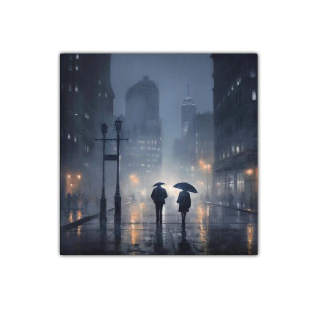 Escena urbana nocturna bajo la lluvia con dos figuras