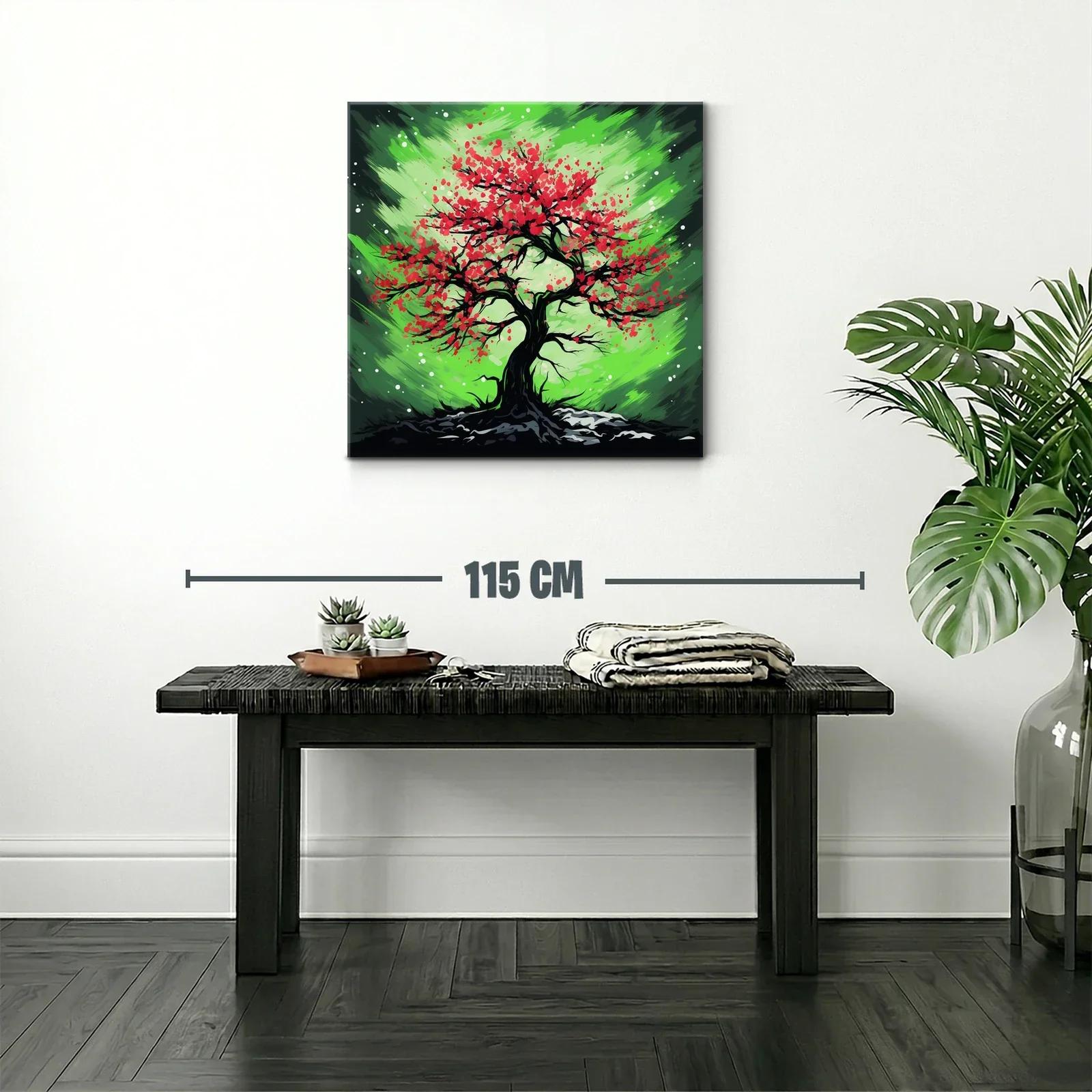 Árbol vibrante con flores rojas sobre fondo verde dinámico — miniatura 2