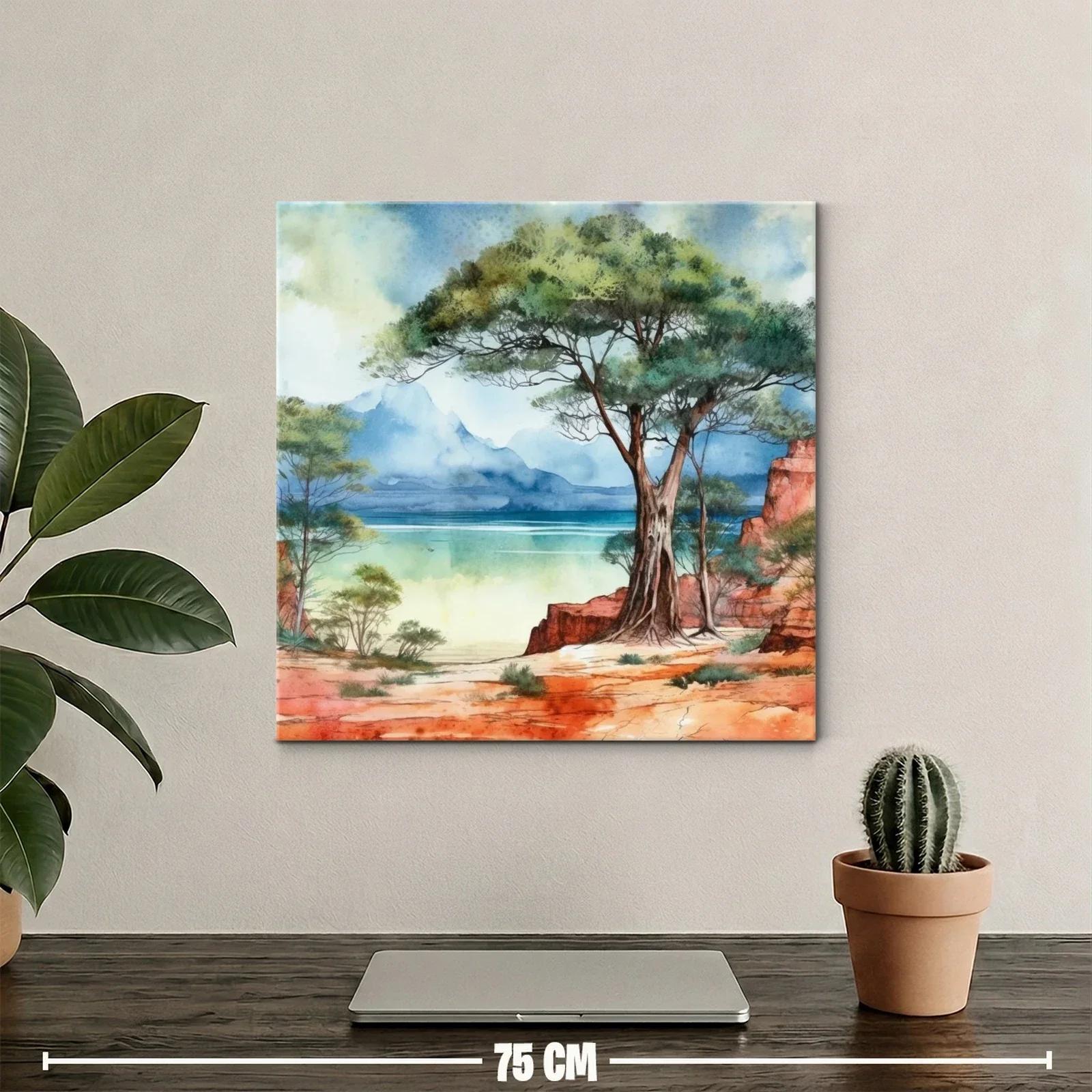 Paisaje natural con árbol y costa azul en tonos cálidos — miniatura 2