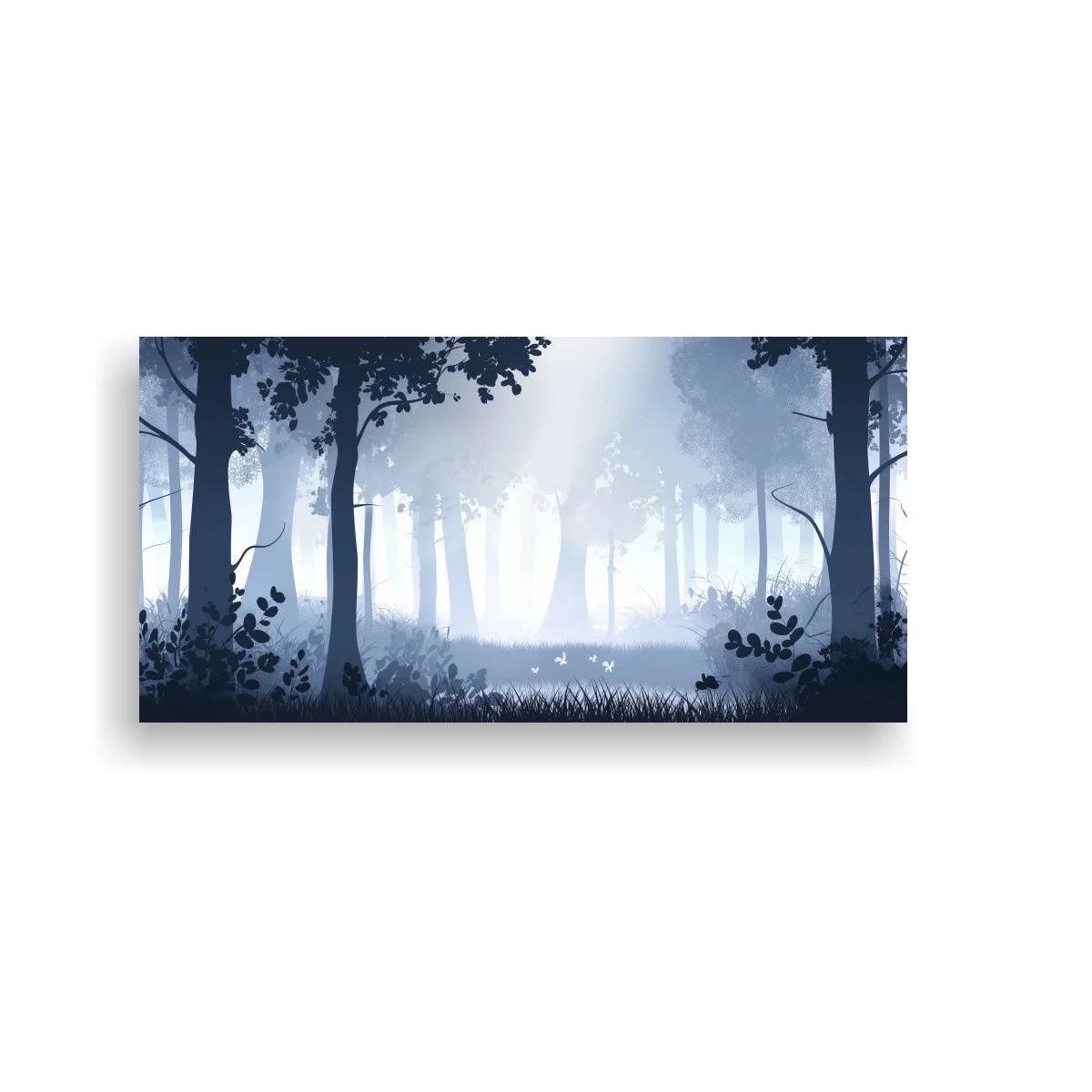 Cuadro bosque con niebla y árboles en silueta
