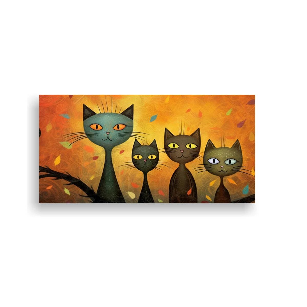 Cuadro gatos negros con ramas curvas y hojas otoñales