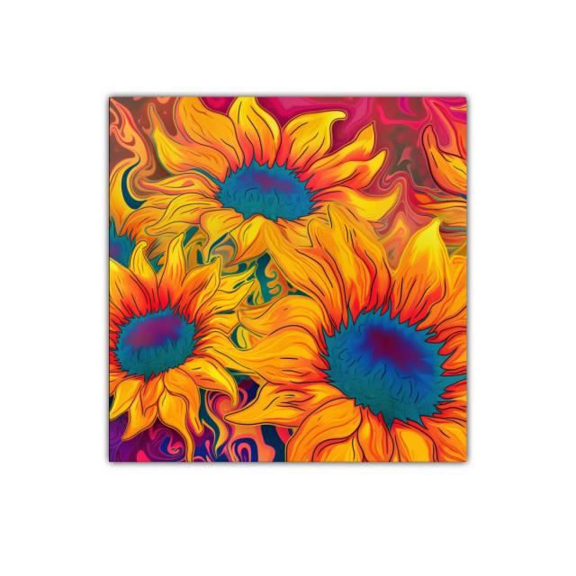 Cuadro vibrante con girasoles en tonos cálidos y contrastes azules