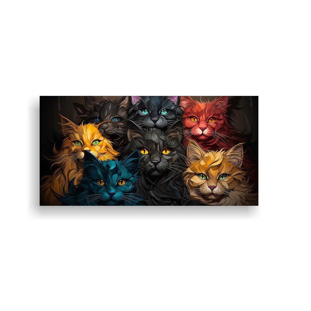 Cuadro seis gatos de pelo largo sobre fondo oscuro