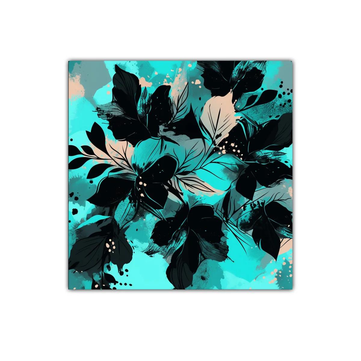 Cuadro moderno con motivos florales en tonos turquesa y negro