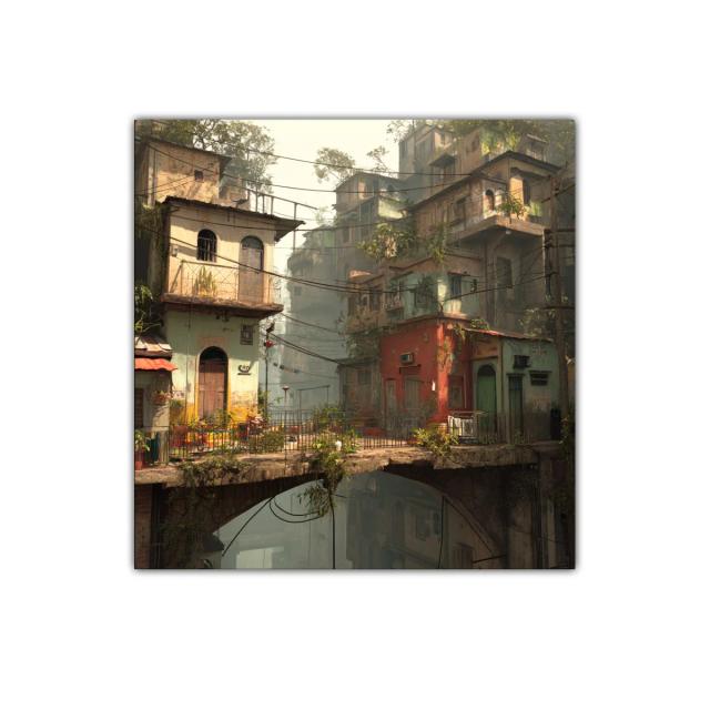 Pueblo antiguo con puente y edificaciones en tonos cálidos