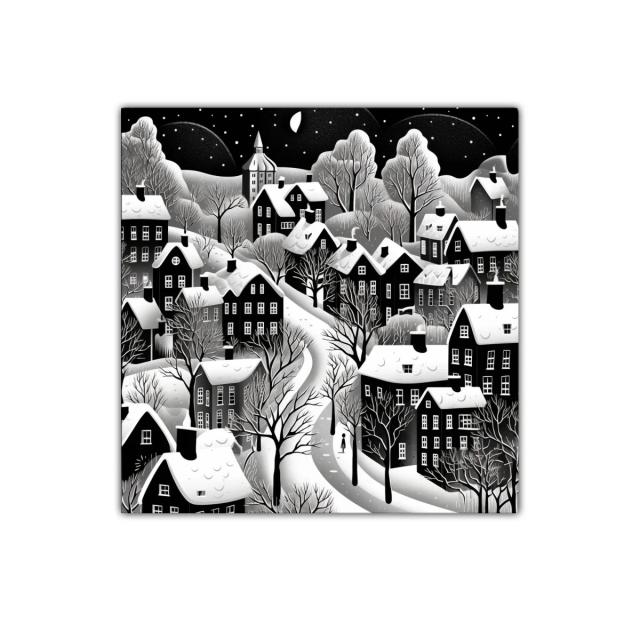 Invierno en el pueblo bajo la luna con nieve y árboles desnudos