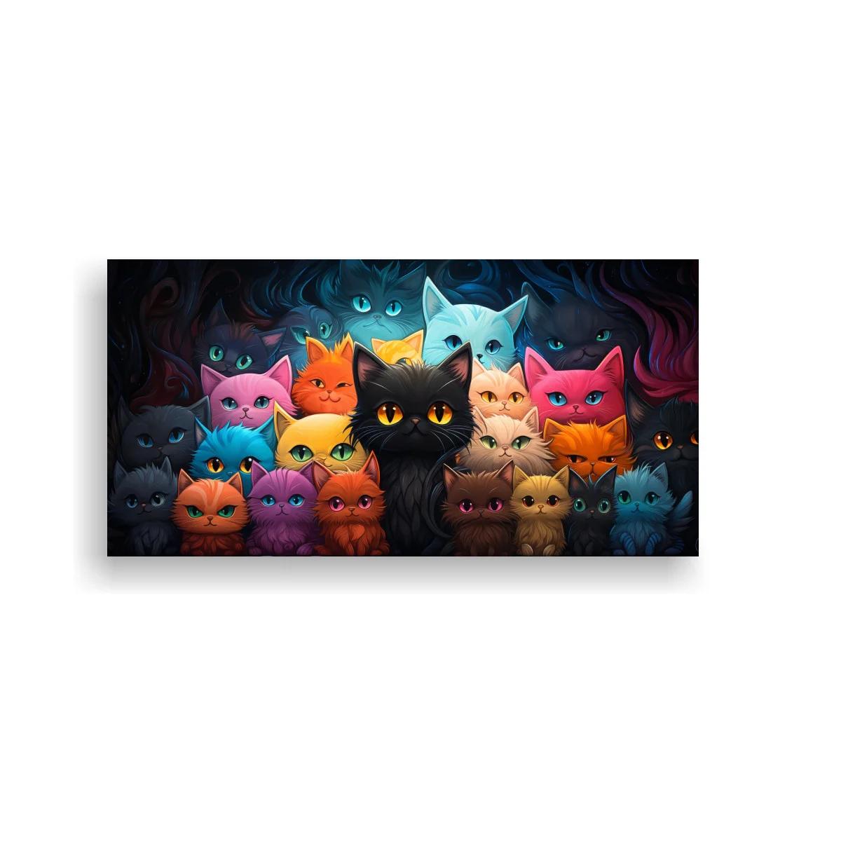 Cuadro grupo de gatos de colores con gato negro