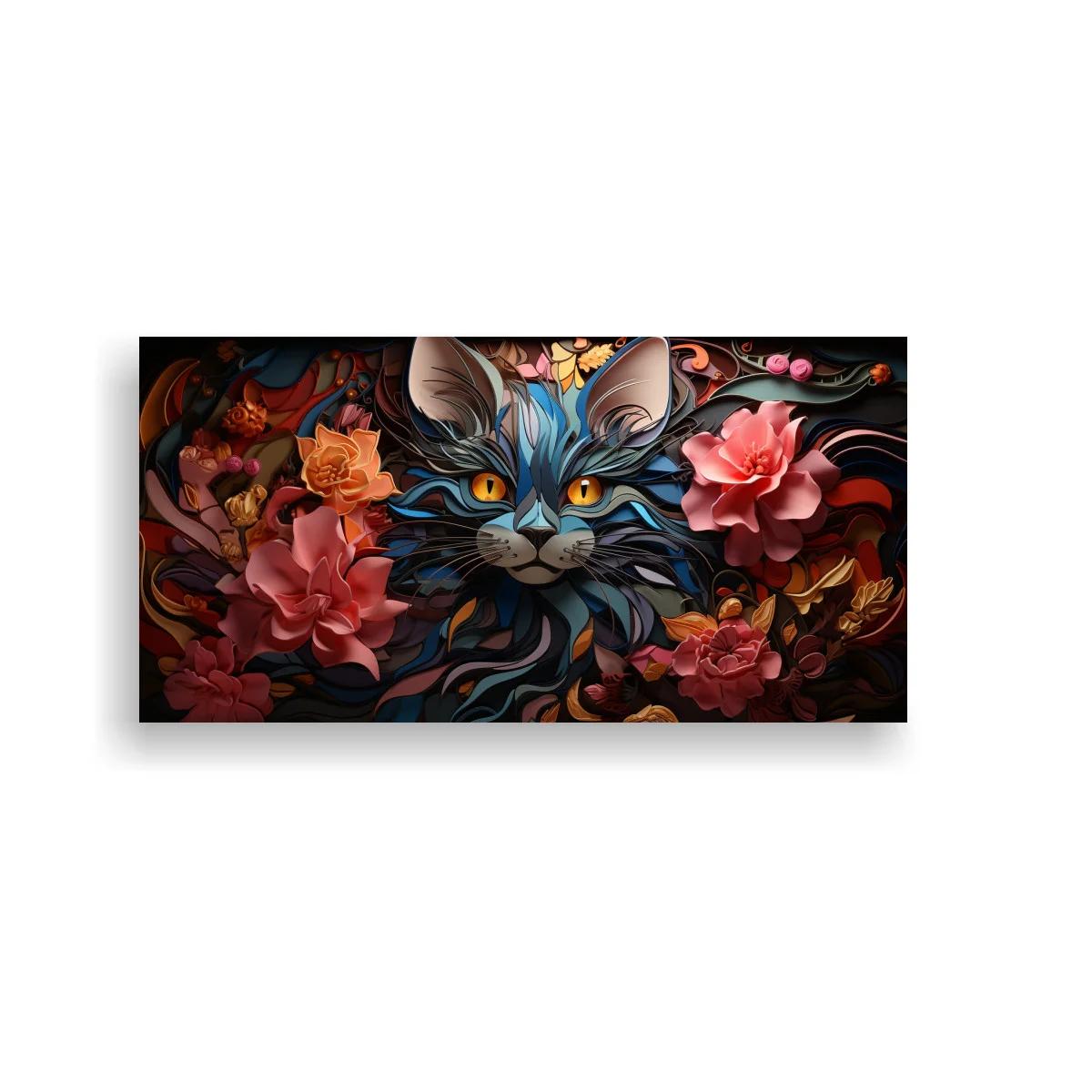 Cuadro gato de ojos ámbar rodeado por flores y follaje