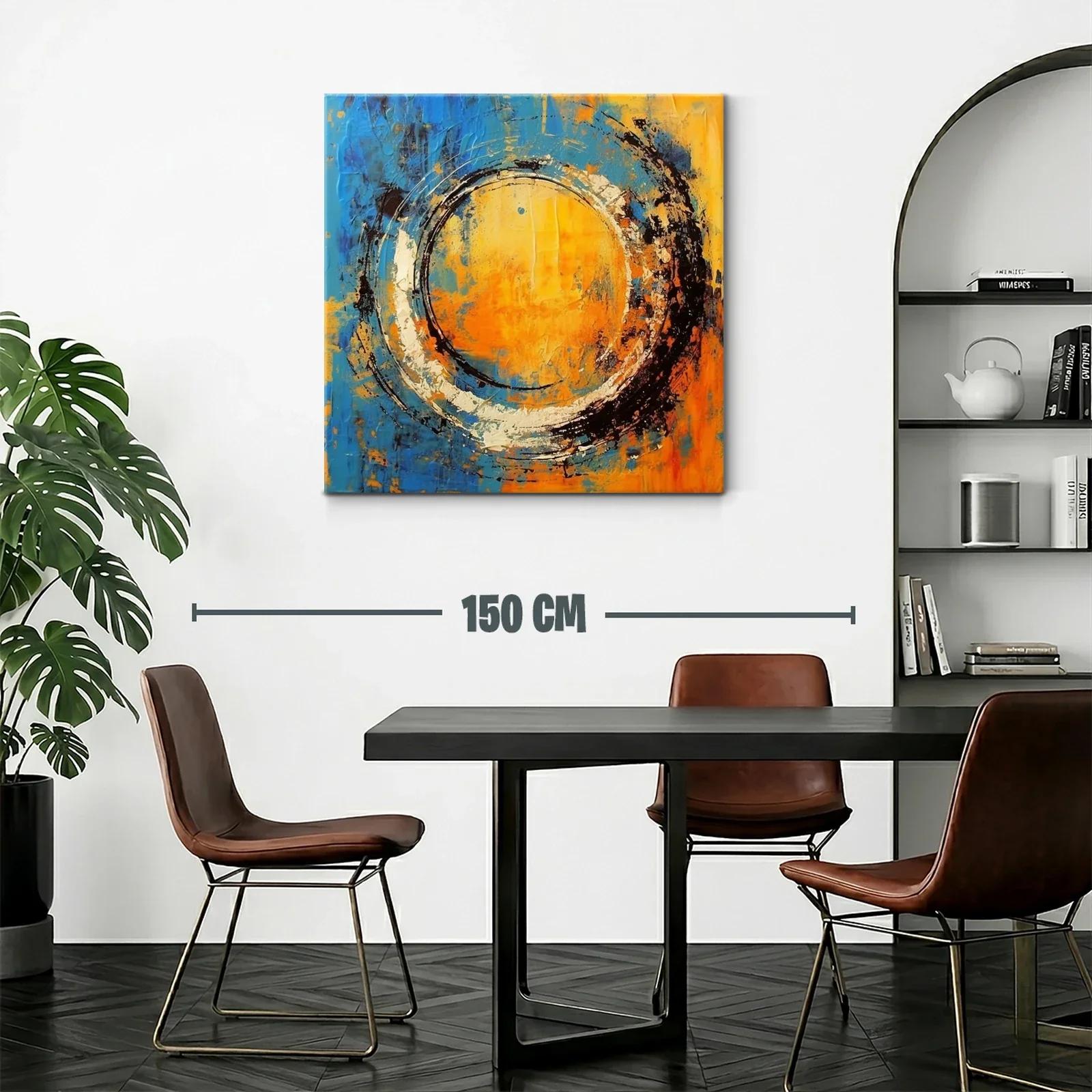 Cuadro abstracto con círculo dinámico en tonos cálidos y fríos — miniatura 2