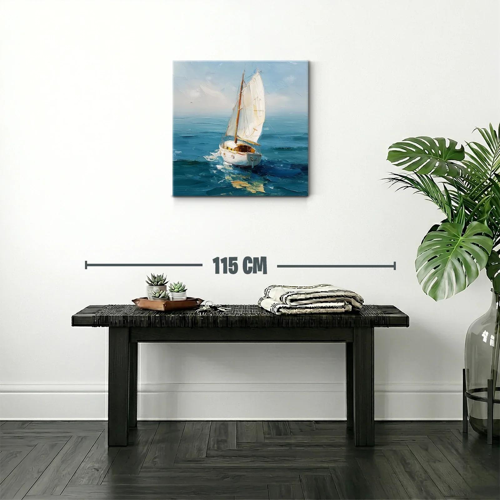 Vela blanca surcando el mar en tonos azules y celestes — miniatura 2