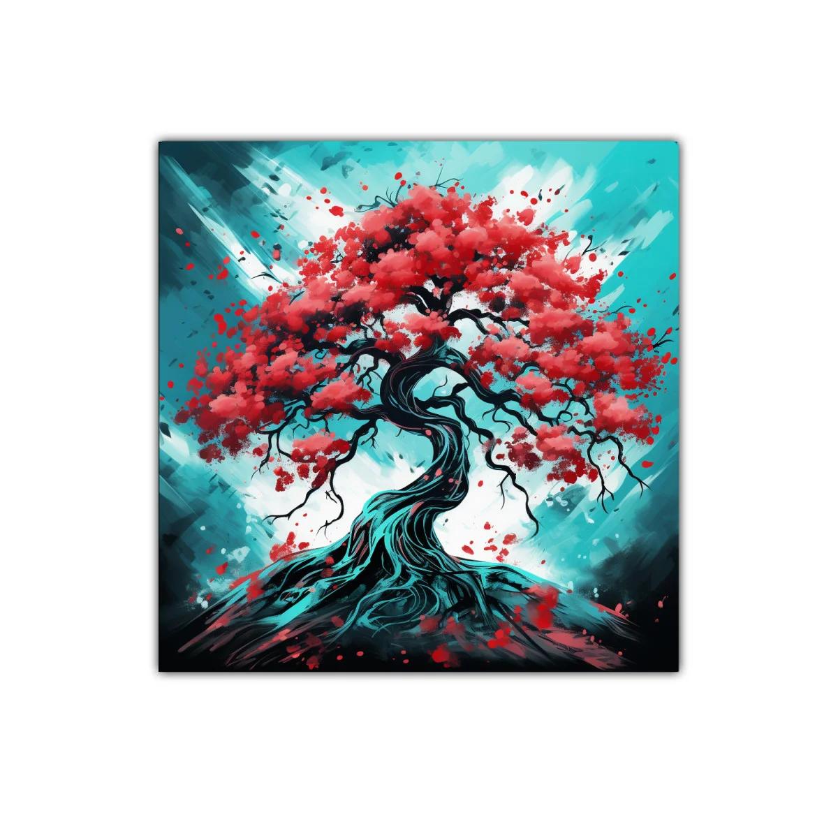 Árbol con hojas rojas sobre fondo azul vibrante — imagen principal