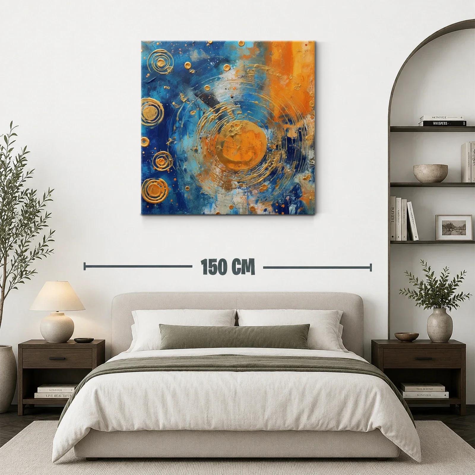 Cuadro abstracto con círculos dorados y contraste azul naranja — miniatura 3
