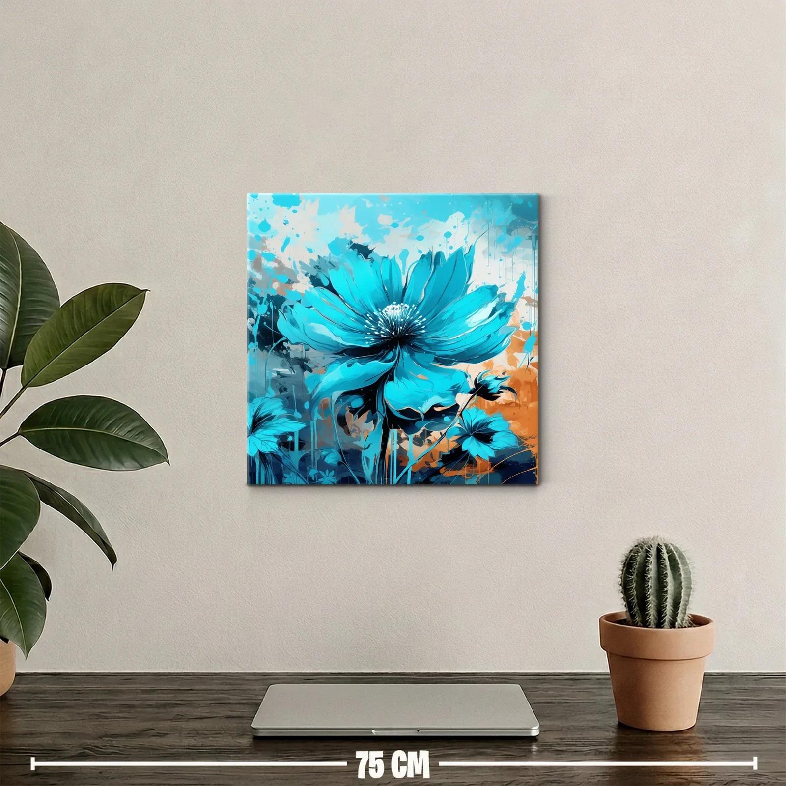 Cuadro con flor azul vibrante sobre fondo abstracto cálido — miniatura 2