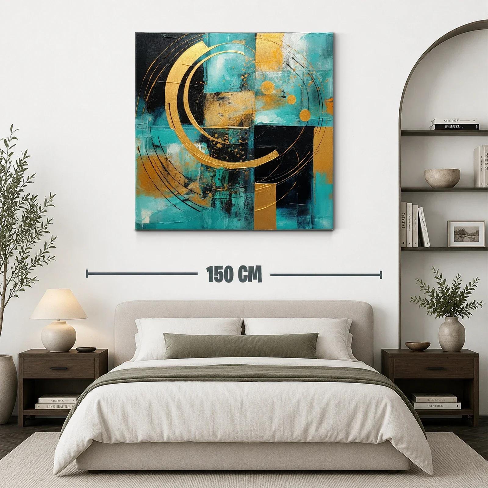 Cuadro abstracto con círculos dorados sobre fondo turquesa y negro — miniatura 3