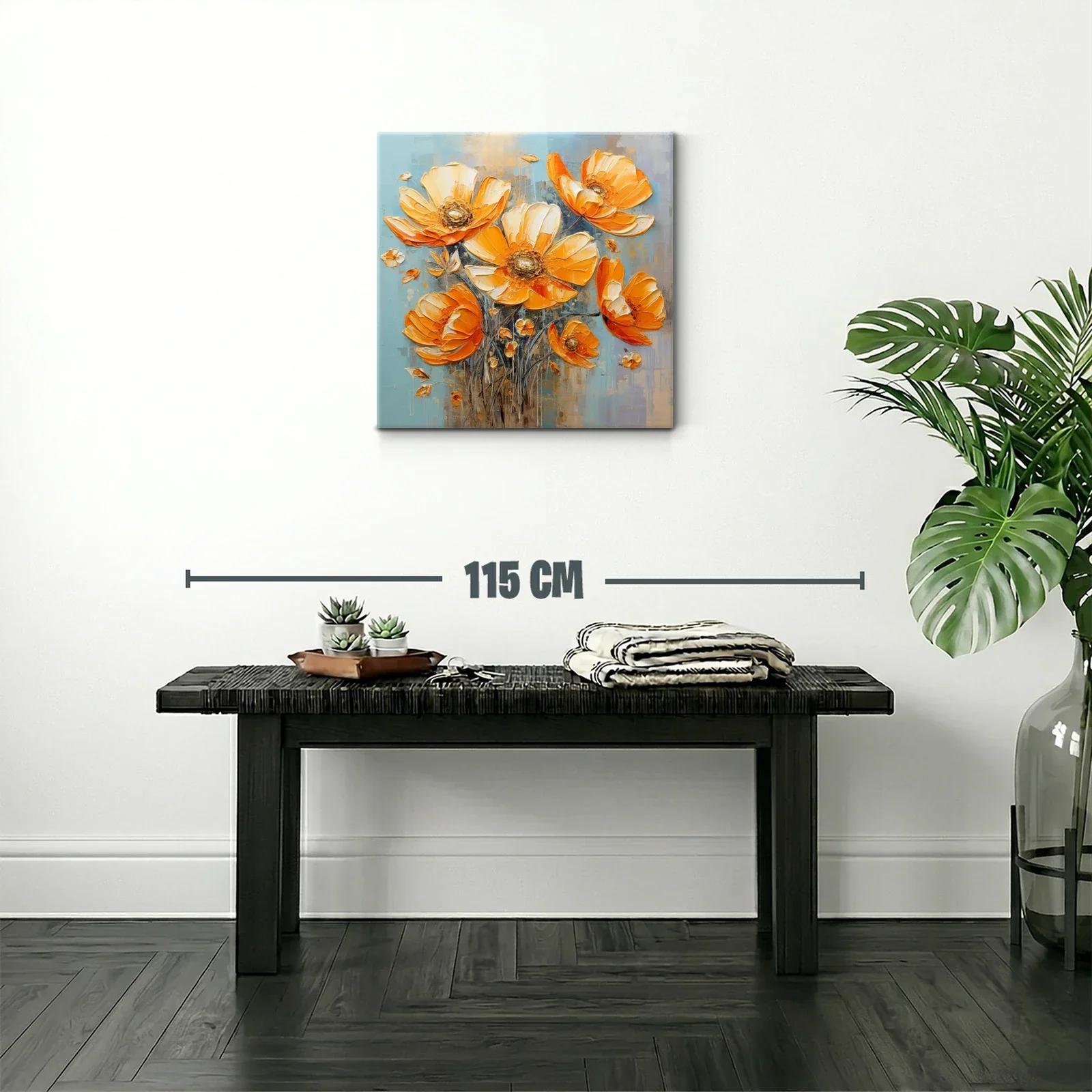 Cuadro floral vibrante en tonos cálidos y fondo azul — miniatura 2