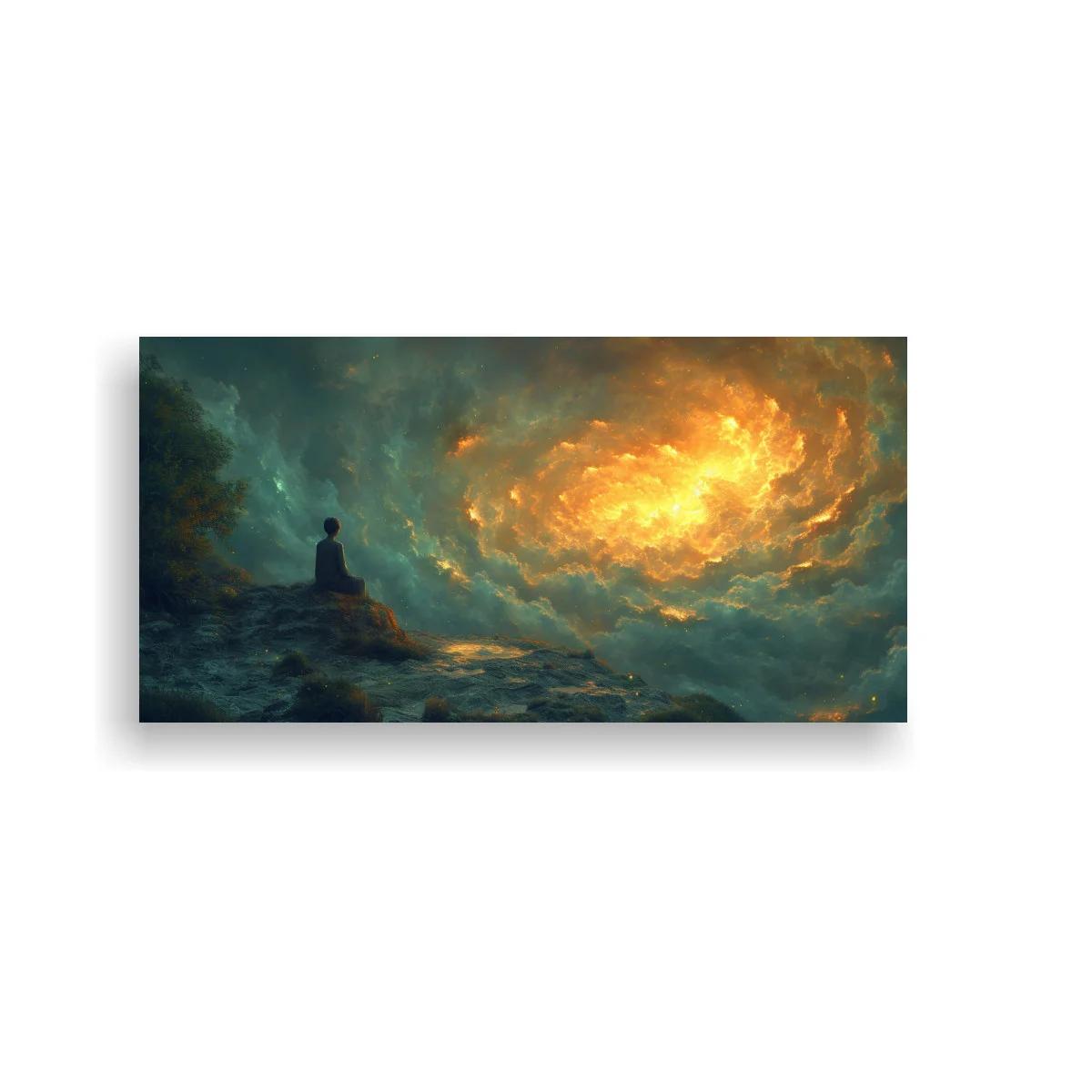 Cuadro figura meditando ante un cielo luminoso