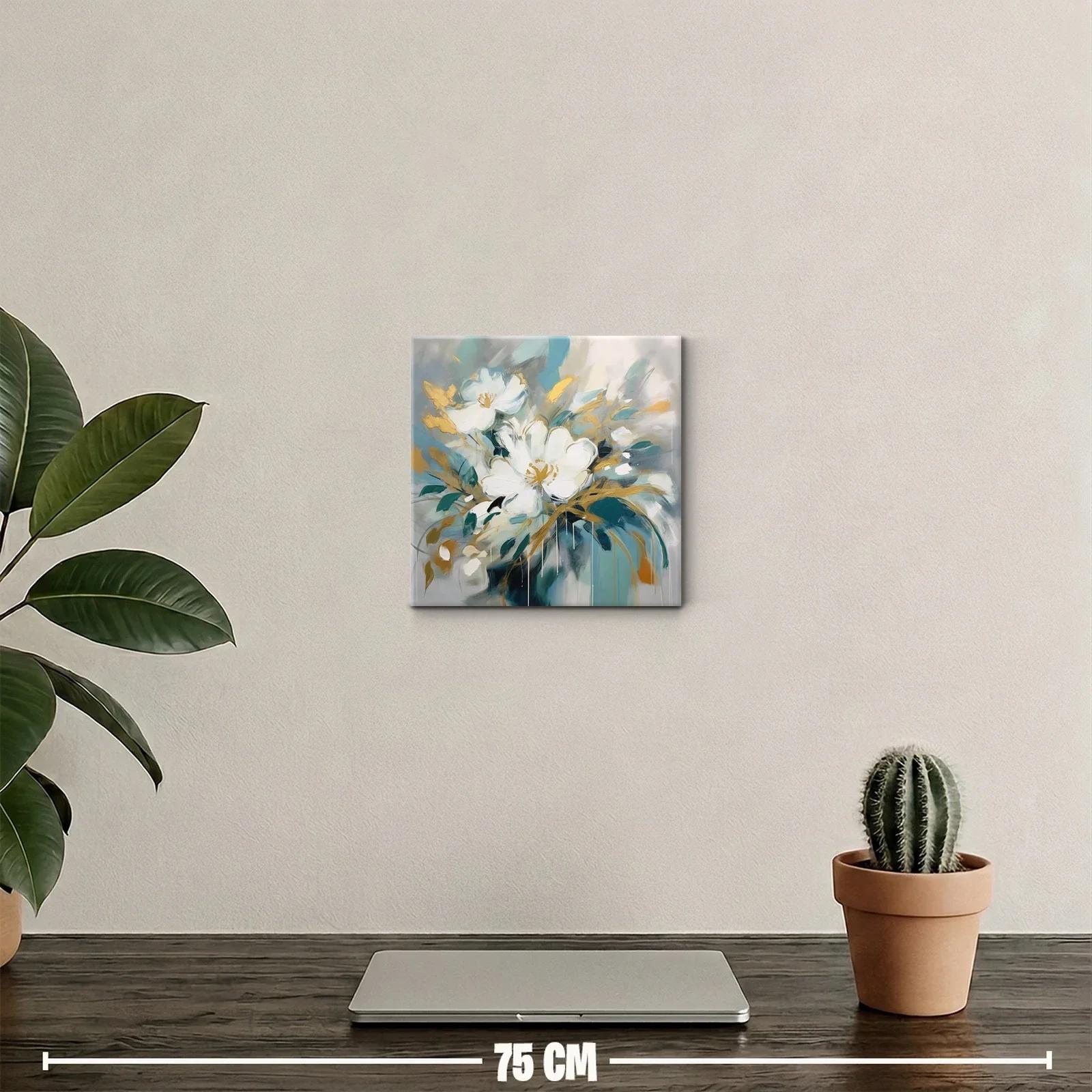 Cuadro decorativo de flores blancas con detalles dorados — miniatura 2