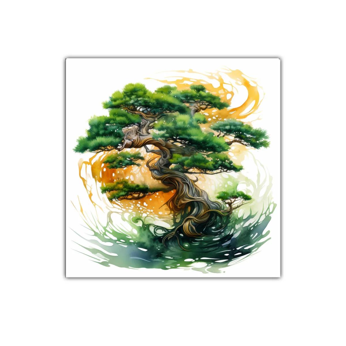 Cuadro decorativo con árbol bonsái en tonos verdes y dorados