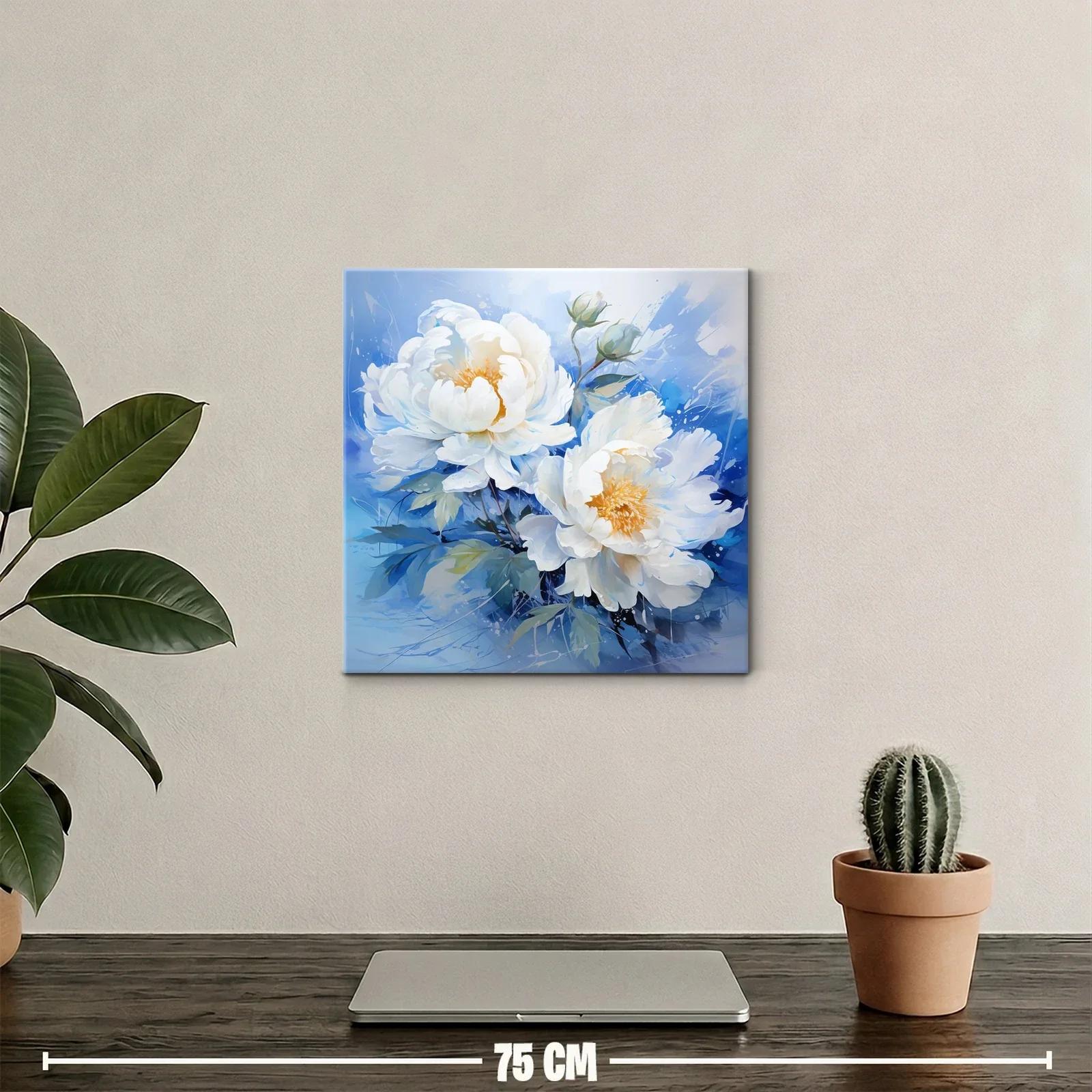 Cuadro floral con peonías blancas sobre fondo azul — miniatura 2