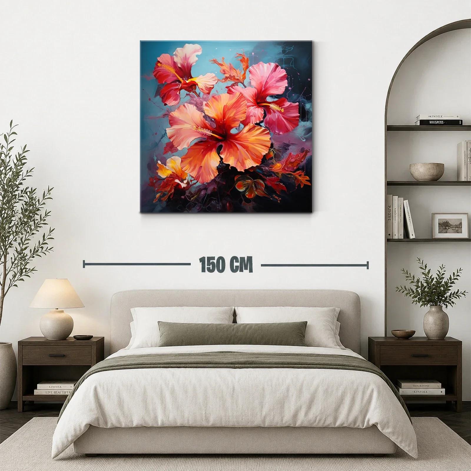 Cuadro floral con vibrantes tonos cálidos y fondo azul — miniatura 3