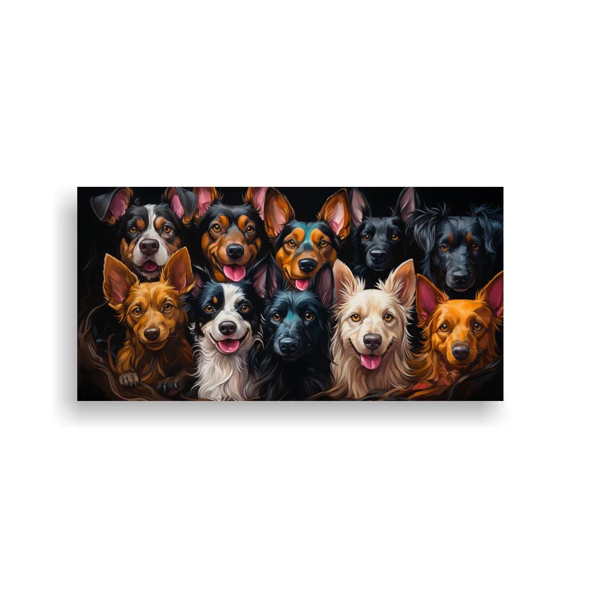 Cuadro grupo de perros en fila sobre fondo negro