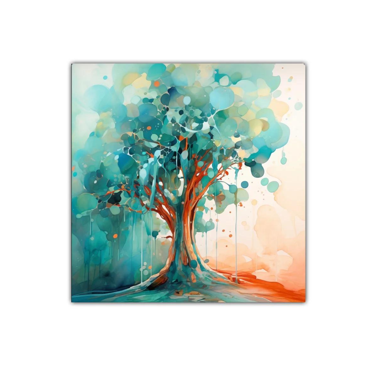 Cuadro moderno con árbol en tonos azules y naranjas vibrantes — imagen principal