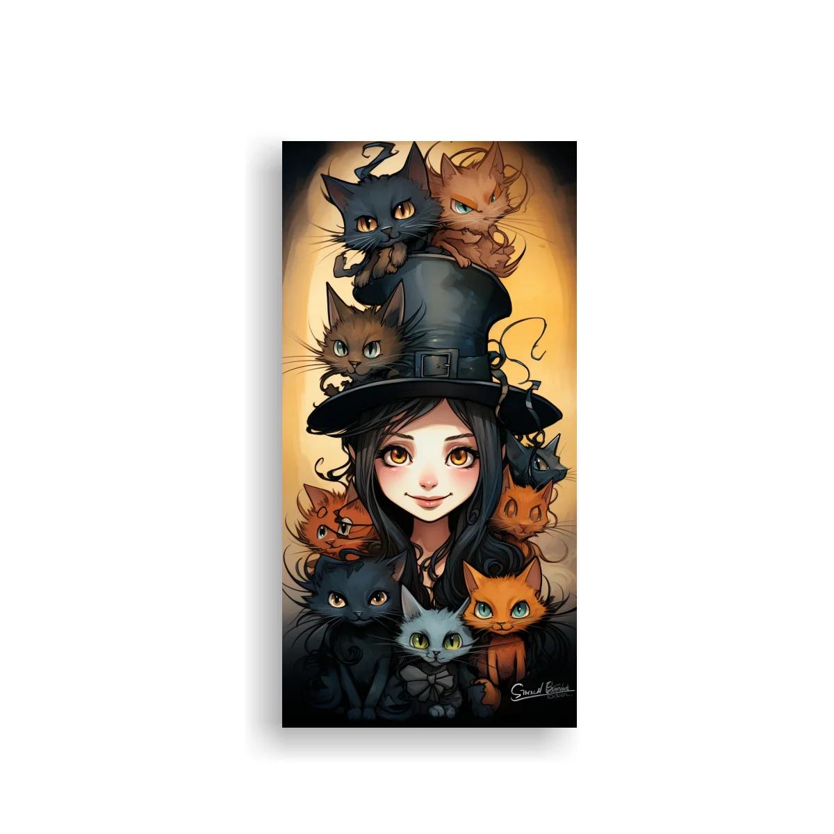 Cuadro bruja joven con gatos y sombrero de copa