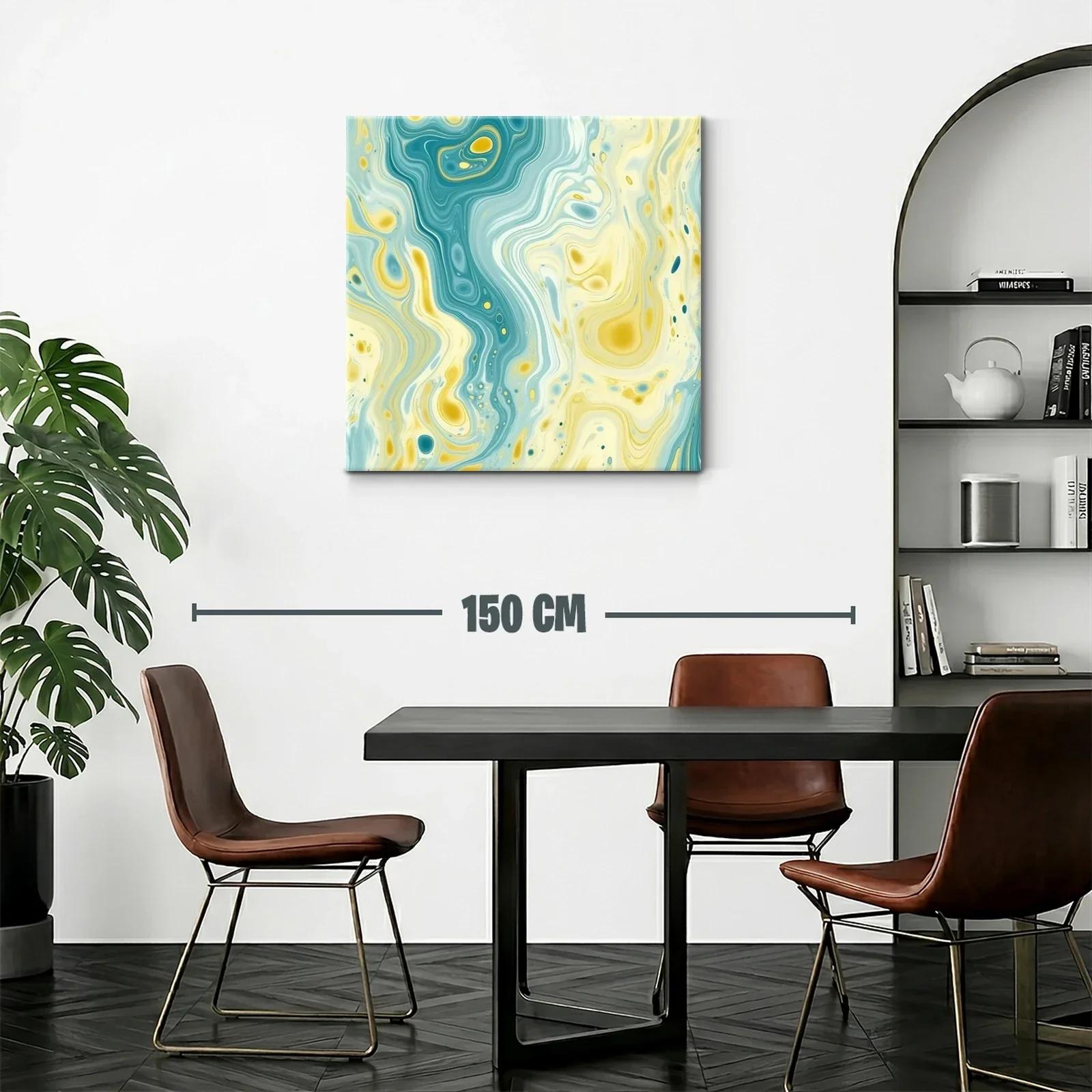 Cuadro abstracto con fluidas formas y tonos aqua y amarillo — miniatura 2