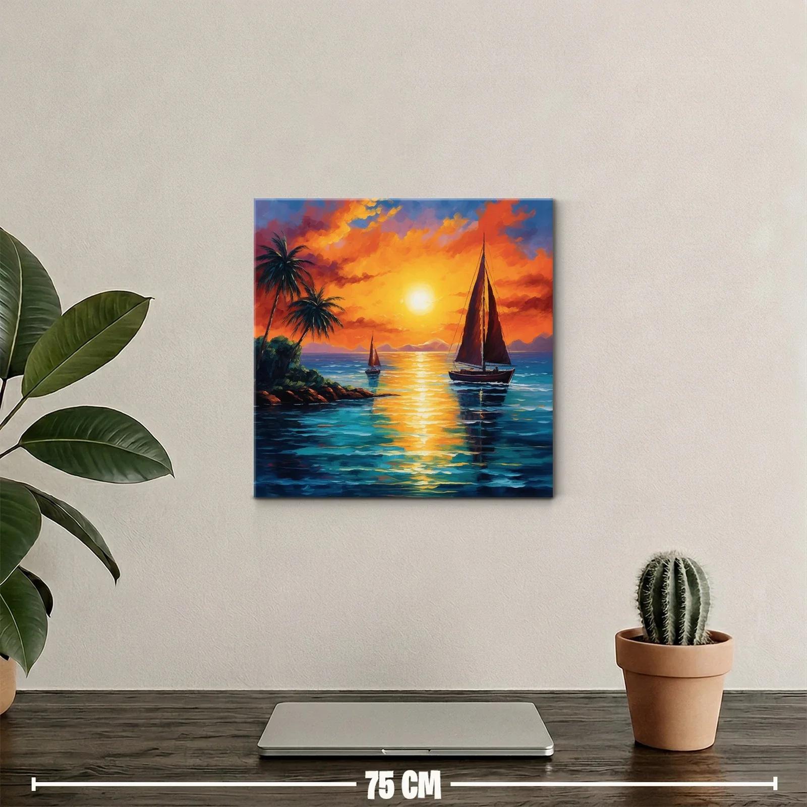 Atardecer en la costa con velero y palmeras tropicales — miniatura 2