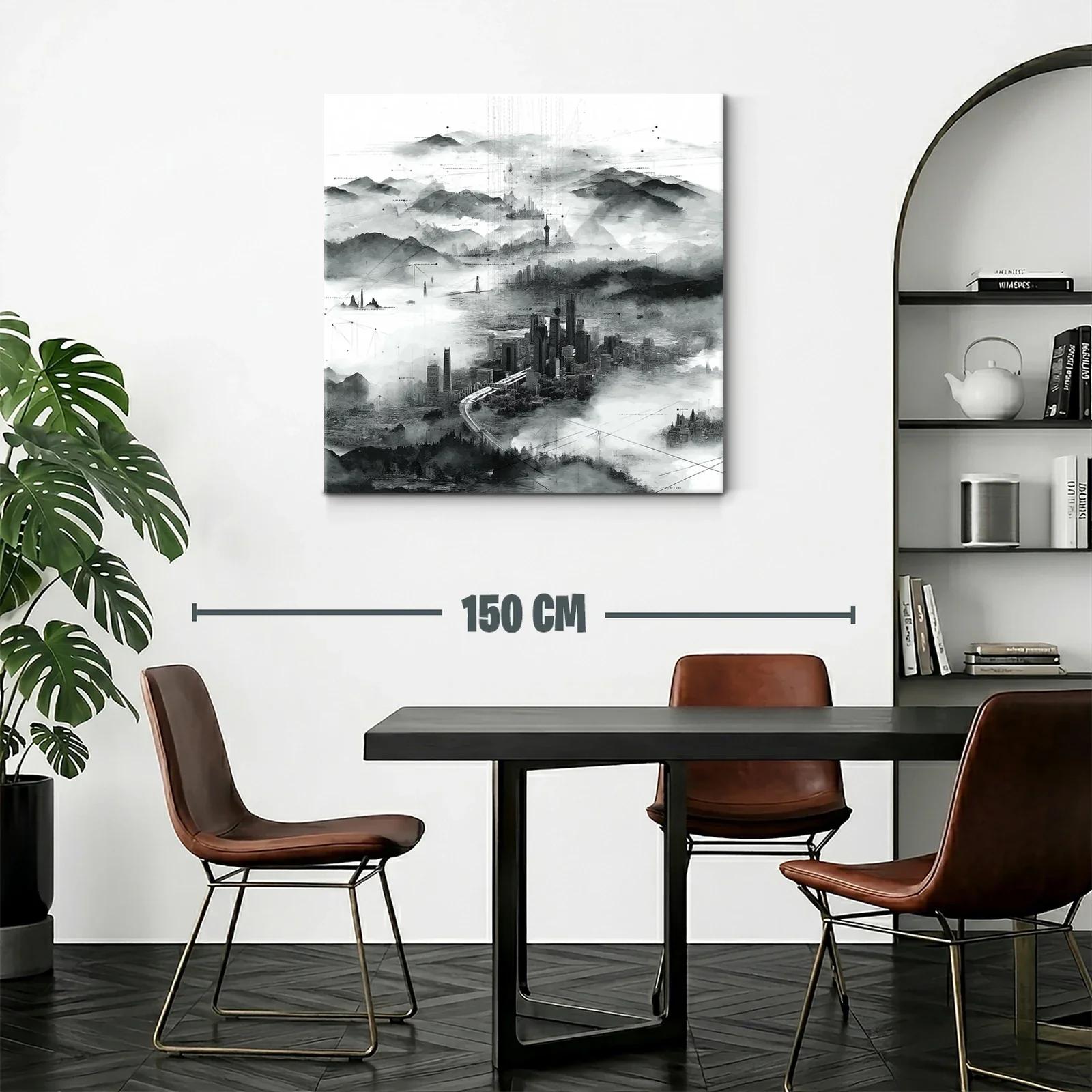 Paisaje urbano en niebla con detalles abstractos en tonos grises — miniatura 2