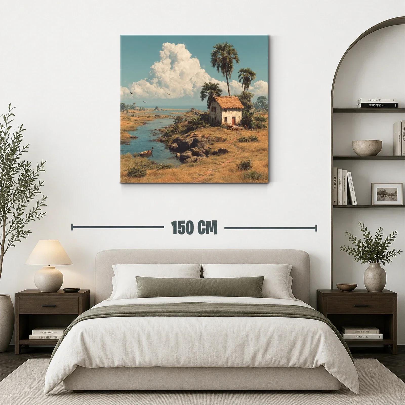 Paisaje rural con casa junto al río y palmeras altas — miniatura 3