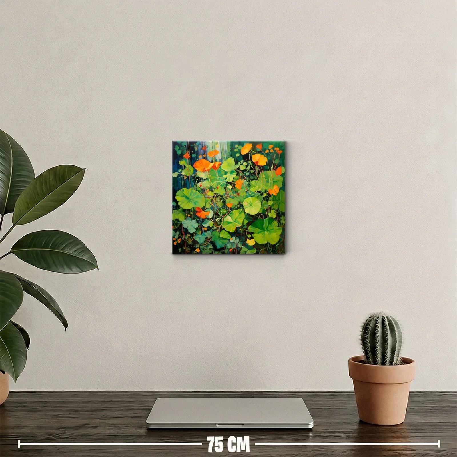 Cuadro decorativo con vibrantes flores naranjas y hojas verdes — miniatura 2