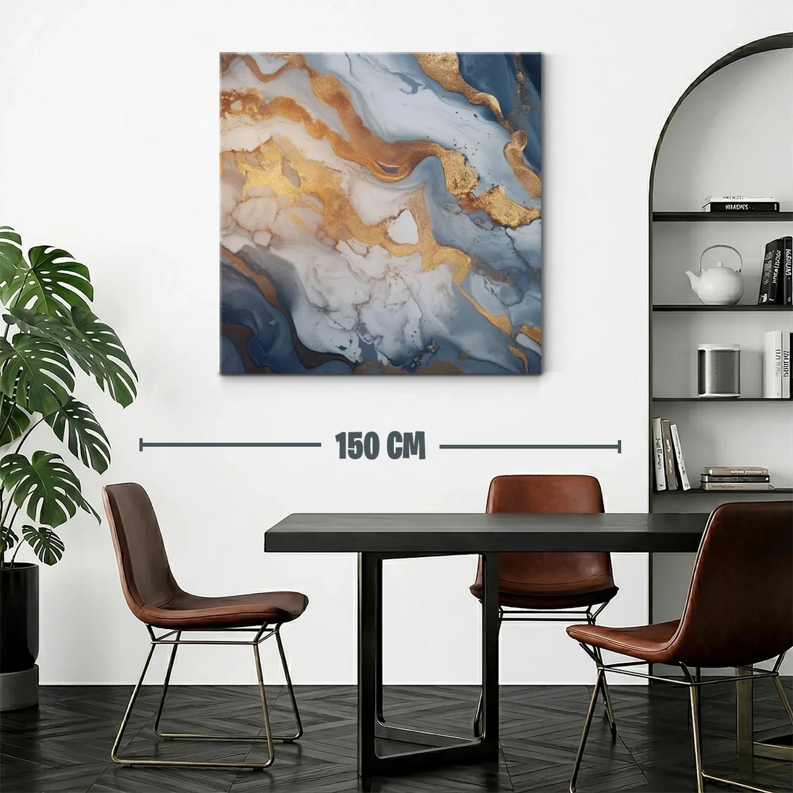 Cuadro abstracto con tonos dorados y azul grisáceo — miniatura 2
