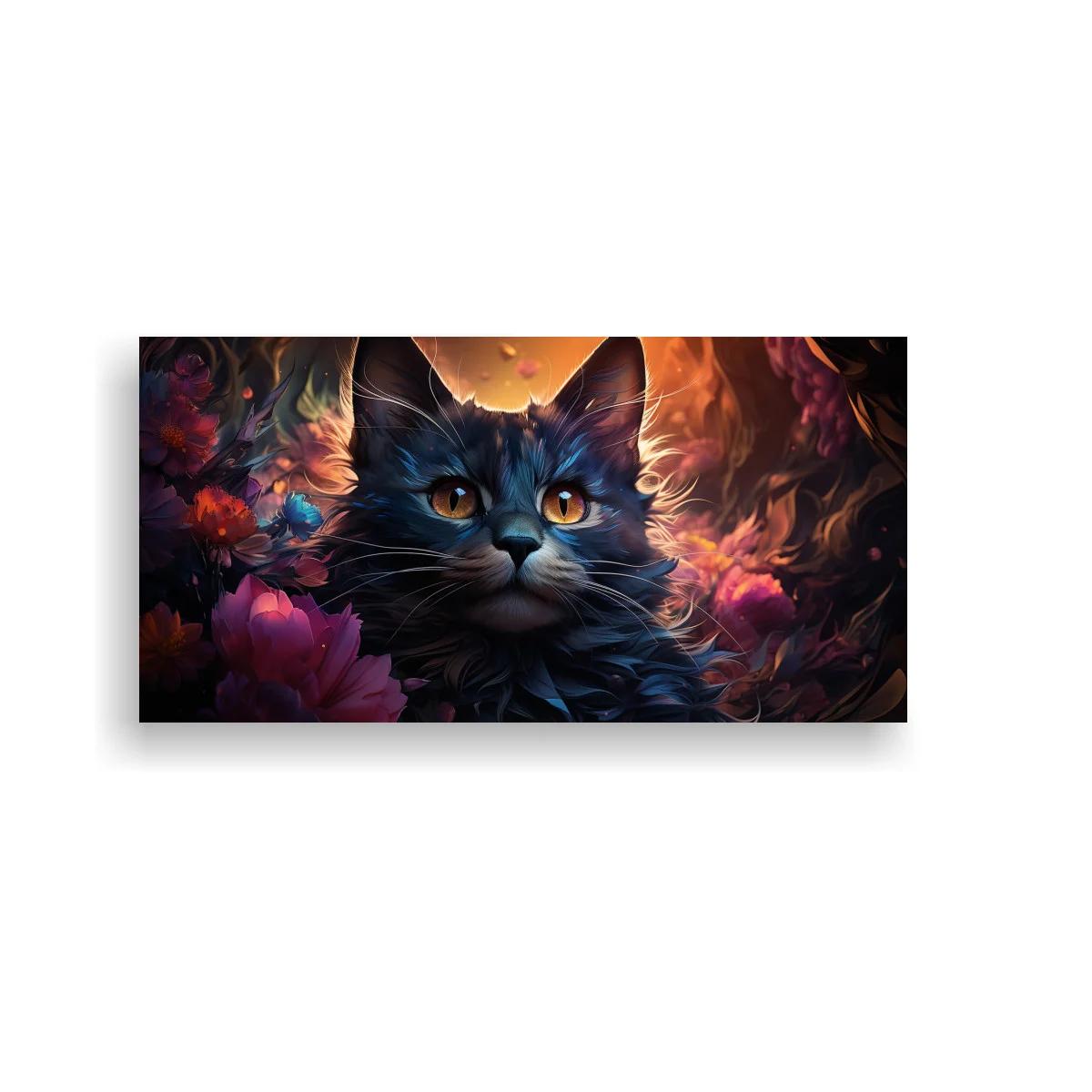 Cuadro gato negro de ojos dorados con luz lunar