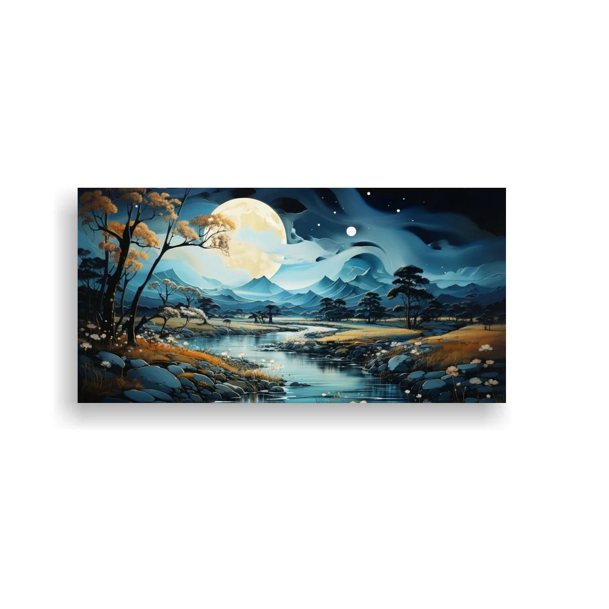Cuadro paisaje nocturno con luna llena y río sereno