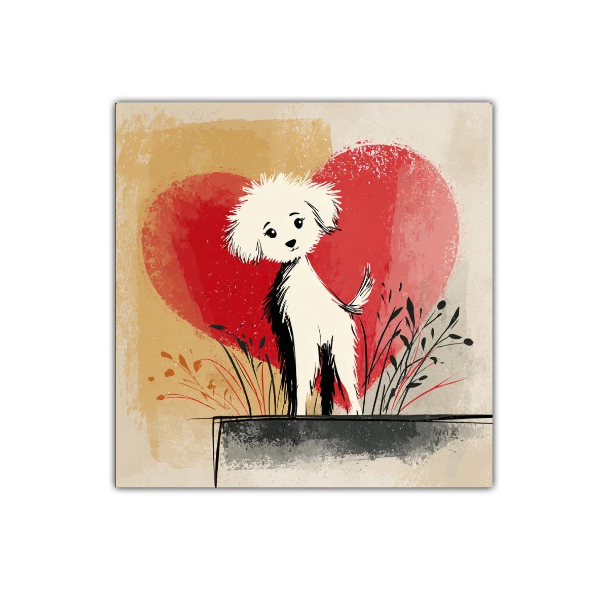 Perro adorable con fondo de corazón rojo vibrante
