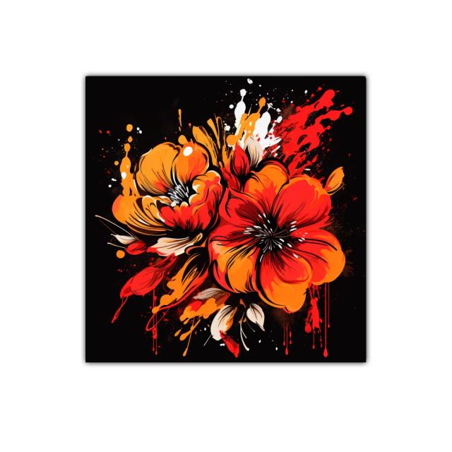Flores vibrantes en tonos rojos y naranjas sobre fondo oscuro