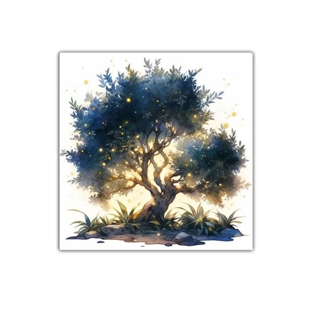 Árbol iluminado con luces doradas sobre paisaje natural