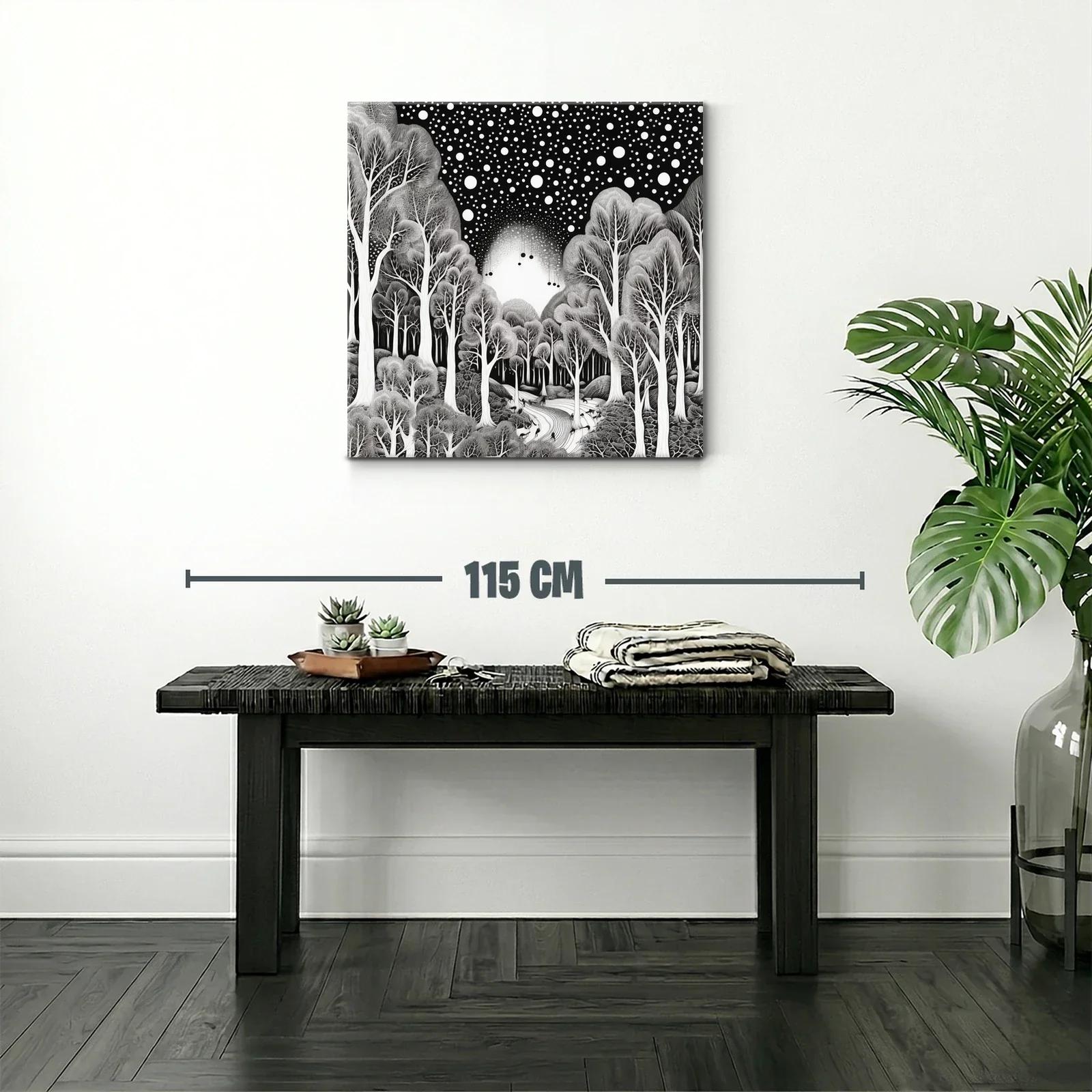 Bosque mágico bajo un cielo estrellado en blanco y negro — miniatura 2