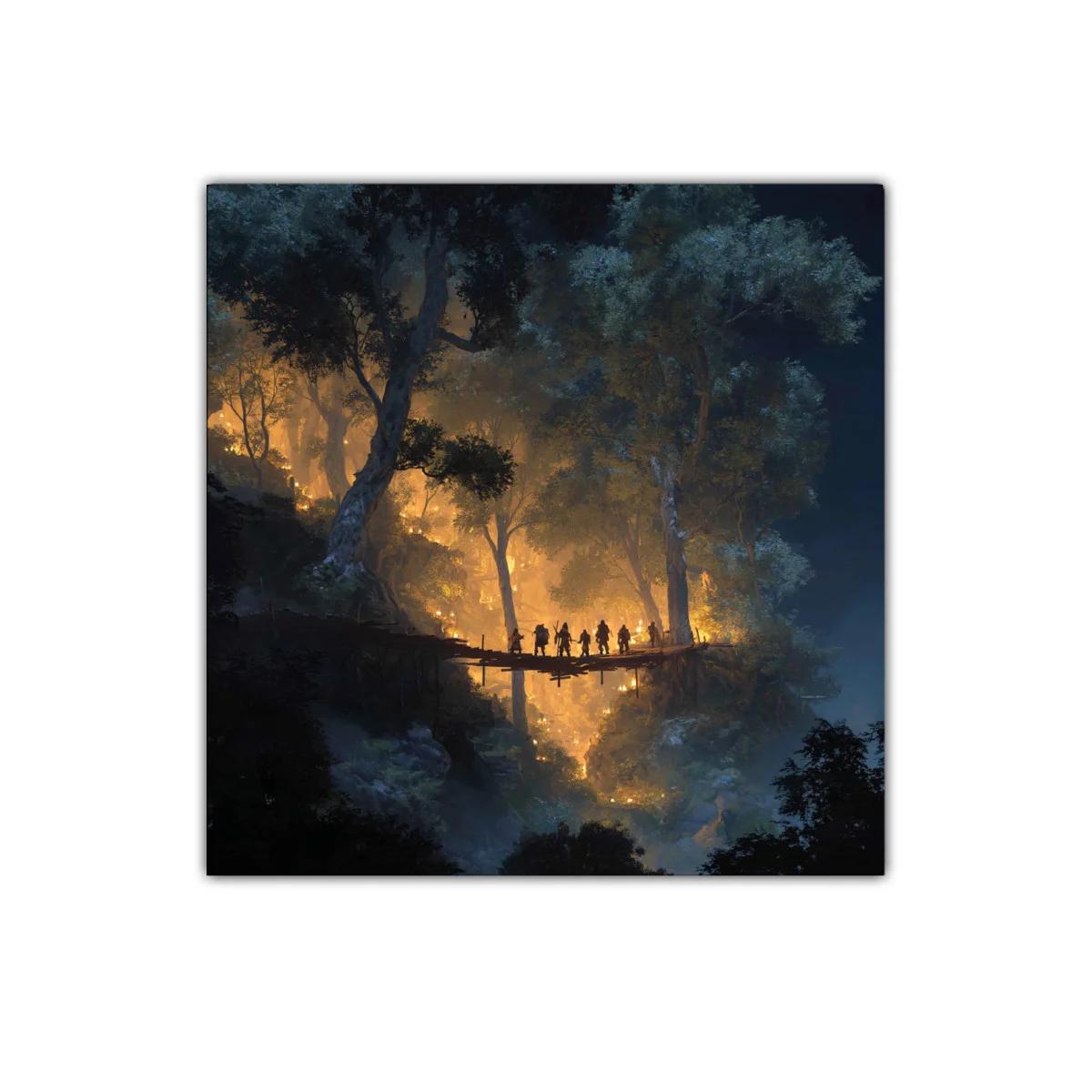 Escena mágica de viajeros cruzando un puente en bosque iluminado — miniatura 1