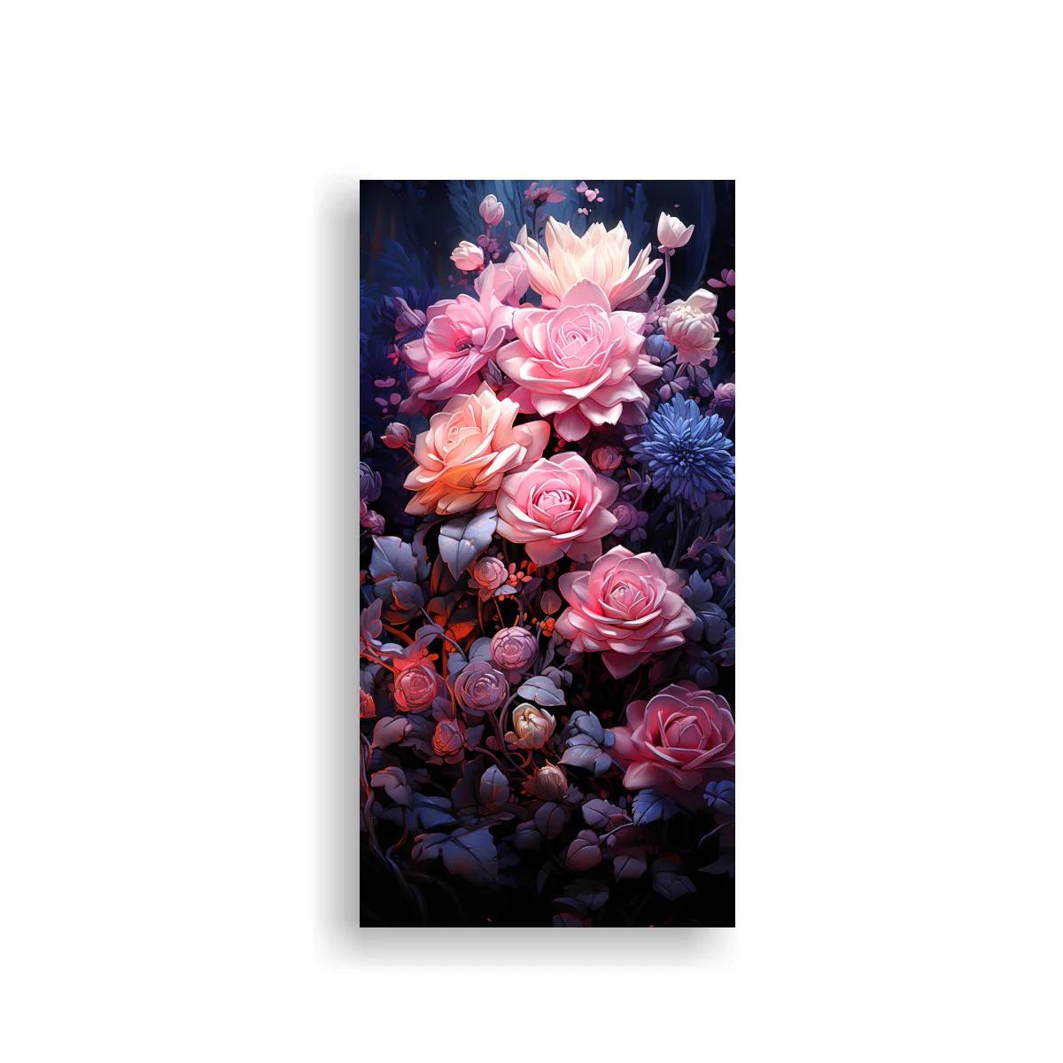 Cuadro ramo de rosas rosadas con flor azul