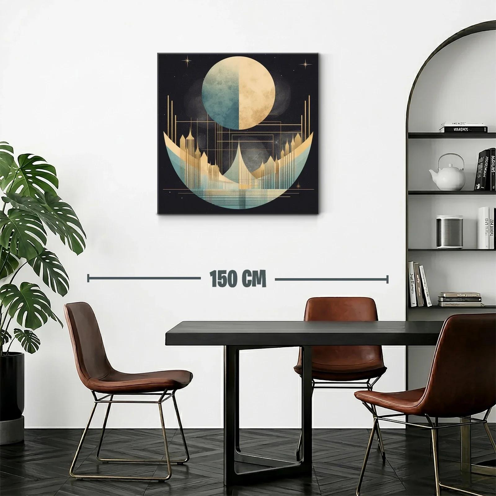 Cuadro abstracto con luna y ciudad futurista en tonos dorados — miniatura 2