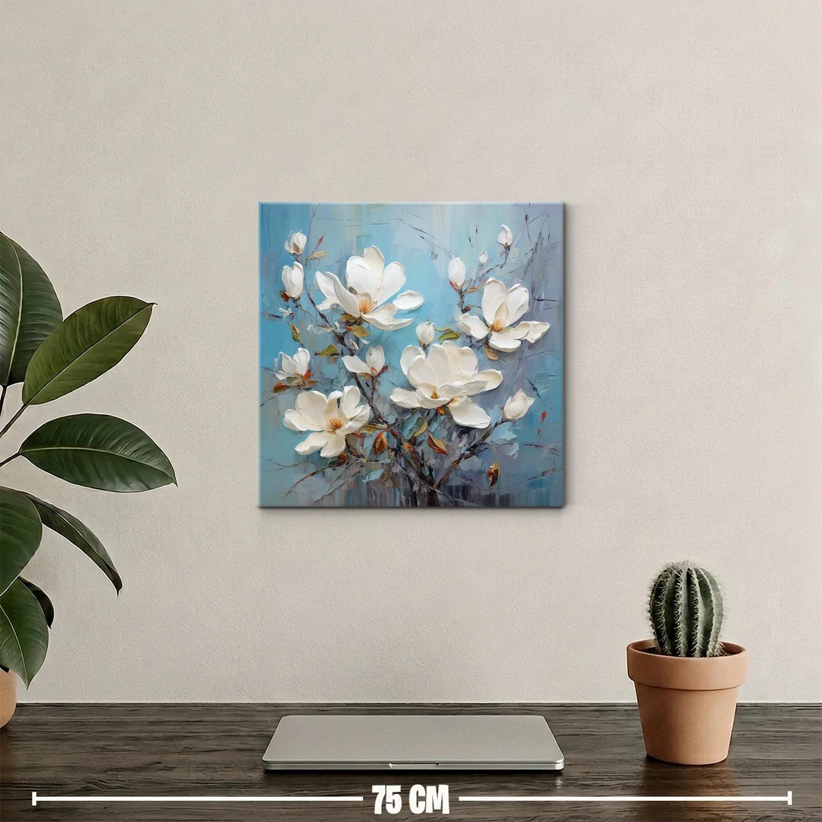 Cuadro con delicadas flores blancas sobre fondo azul — miniatura 2