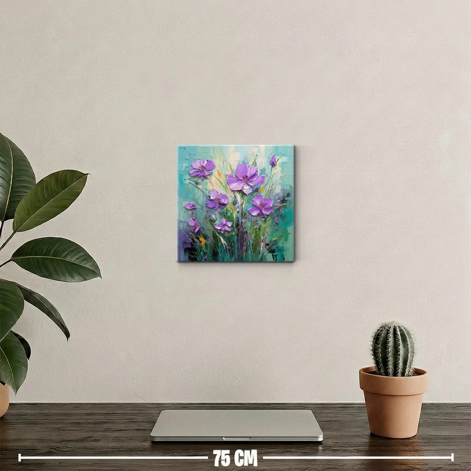 Cuadro decorativo con flores lilas sobre fondo verde y azul — miniatura 2